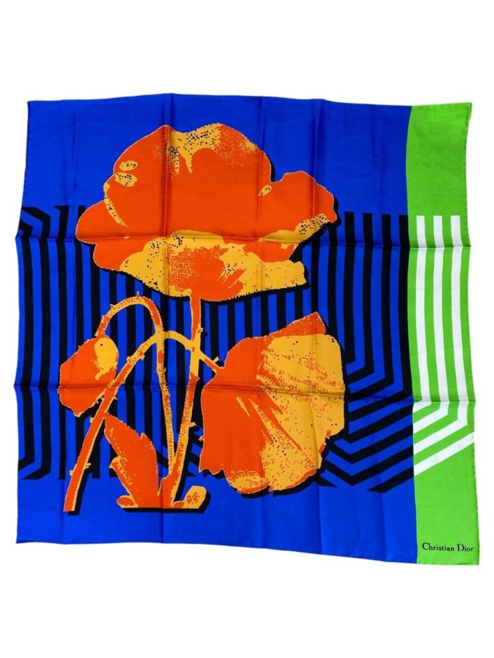 Dior Scarf Shawl D-flower Pop Silk 100% Blue Green Orange Gorgeous Feminine - Picture 1 of 8